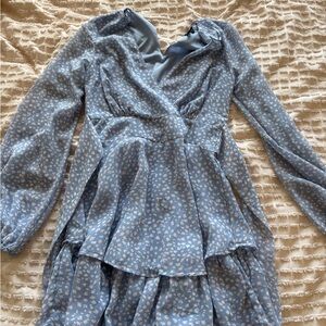 Blue and White Tiered Wrap Sundress with Bishop Sleeves